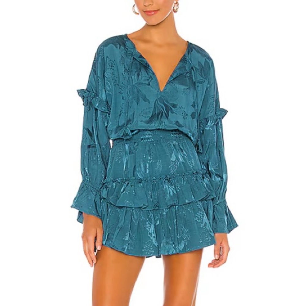 Misa Los Angeles teal ruffle mini dress
